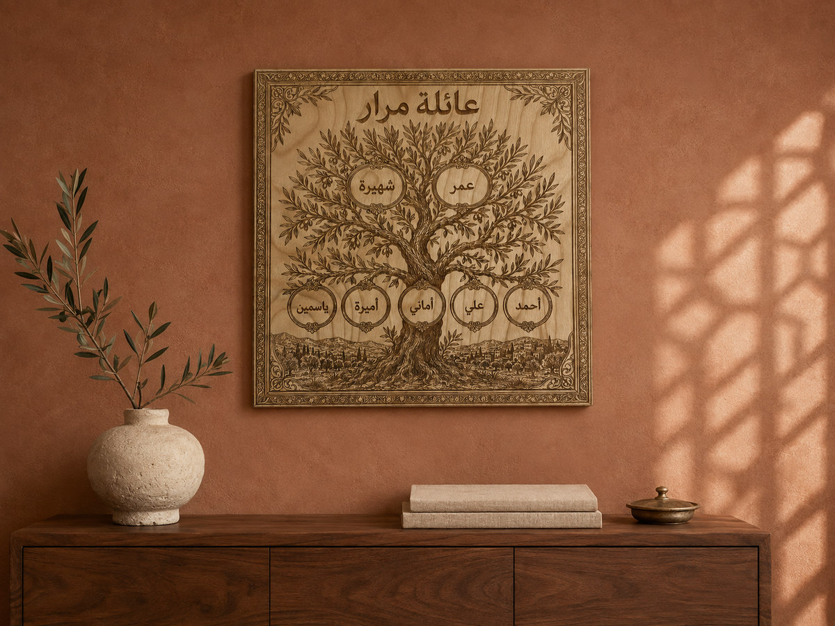 Personalized family tree wall art displayed in a warm terracotta room.