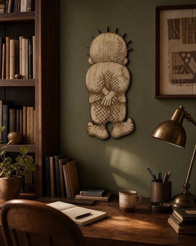 Handala wall art displayed in a warm olive study.