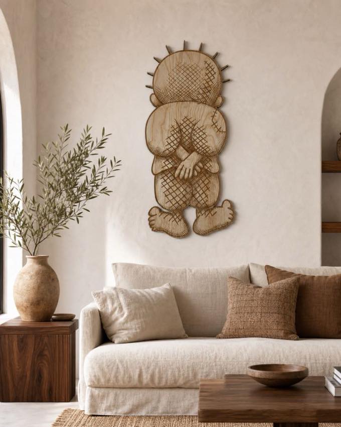 Handala wooden wall art in a warm neutral living room.