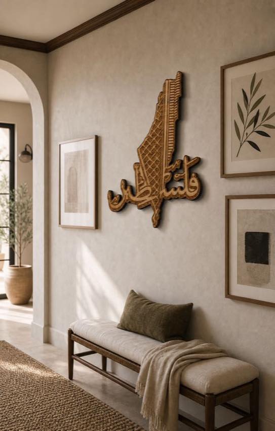 Palestine calligraphy wall art displayed in a sunlit gallery hallway.