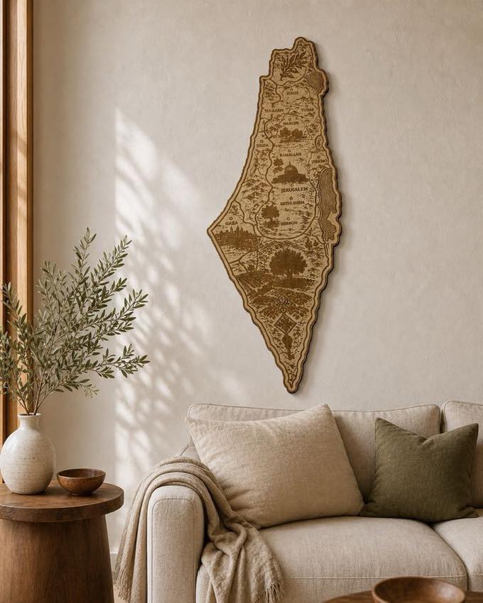Illustrated Palestine map wall art above a neutral sofa.