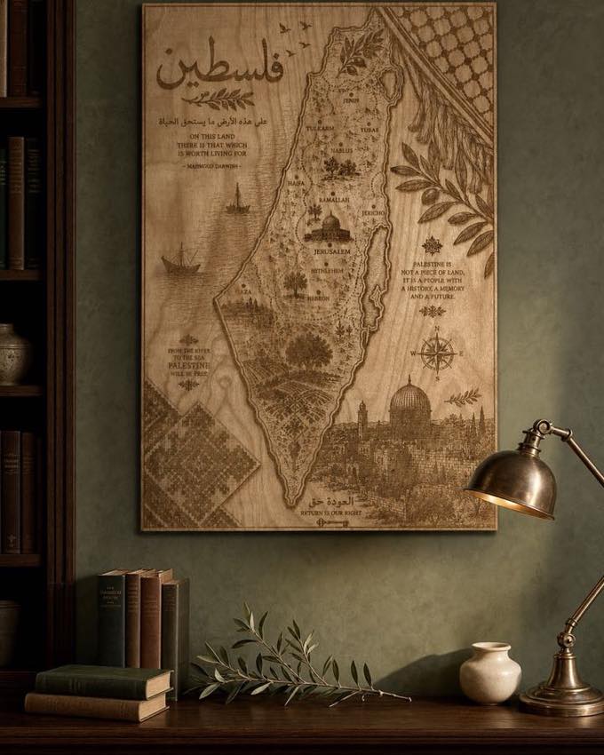 Illustrated Palestine wall panel displayed in an olive library.