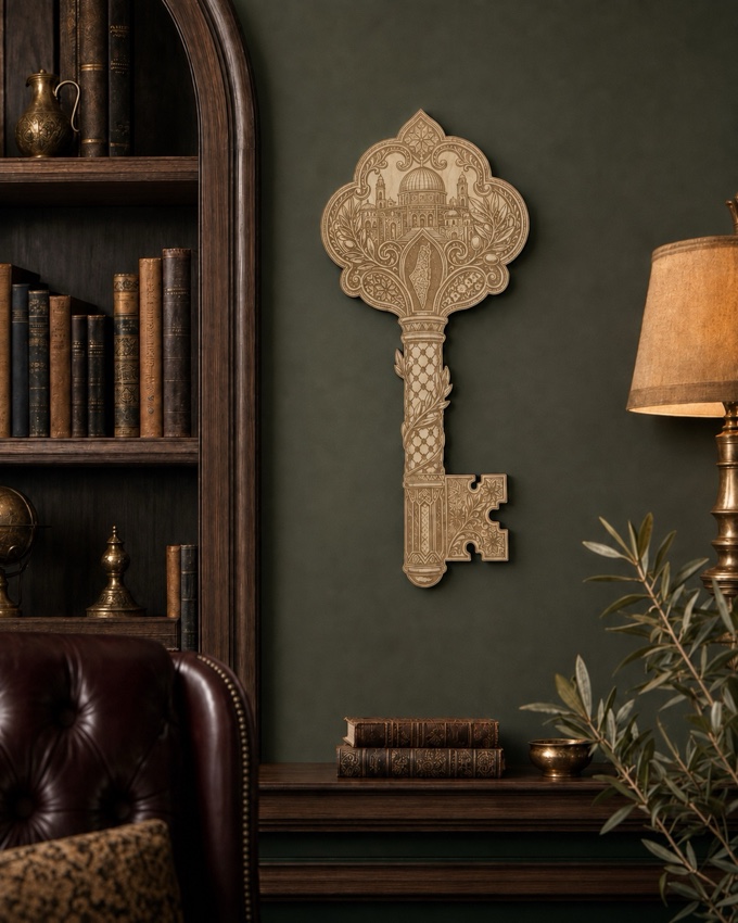 Key of Return wall art displayed in a forest green library.